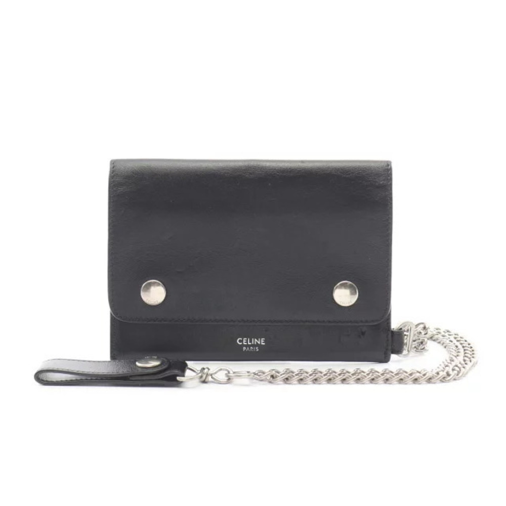Celine Biker Chain Wallet Billfold Leather Black